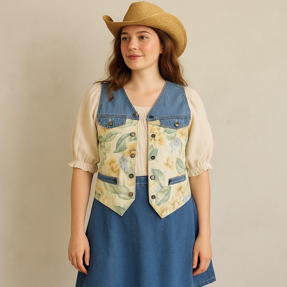 Vintage 90s Lizwear Denim Floral Vest Women's L Western Cottagecore Country Boho